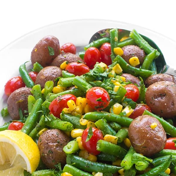 Warm Potato and Green Bean Salad with Corn and Tomatoes side dish recipe