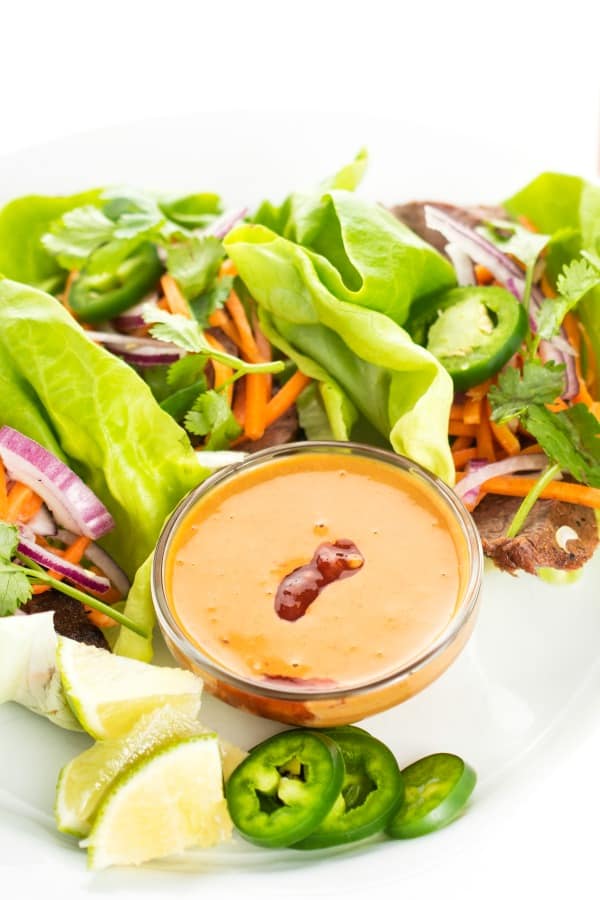 Thai Beef Lettuce Wraps with Peanut Dipping Sauce