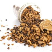 Homemade peanut butter chocolate Granola with peanut butter on a spoon