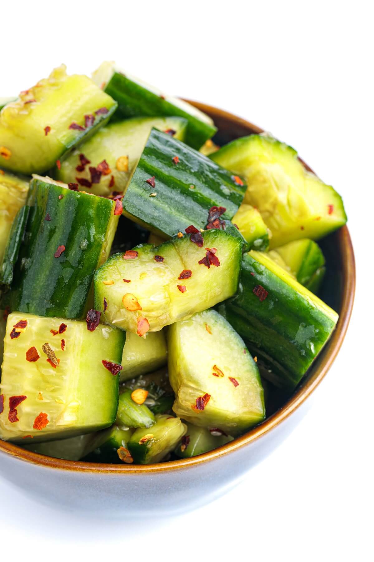 Top down view on a bowl of Chinese smashed cucumbers.