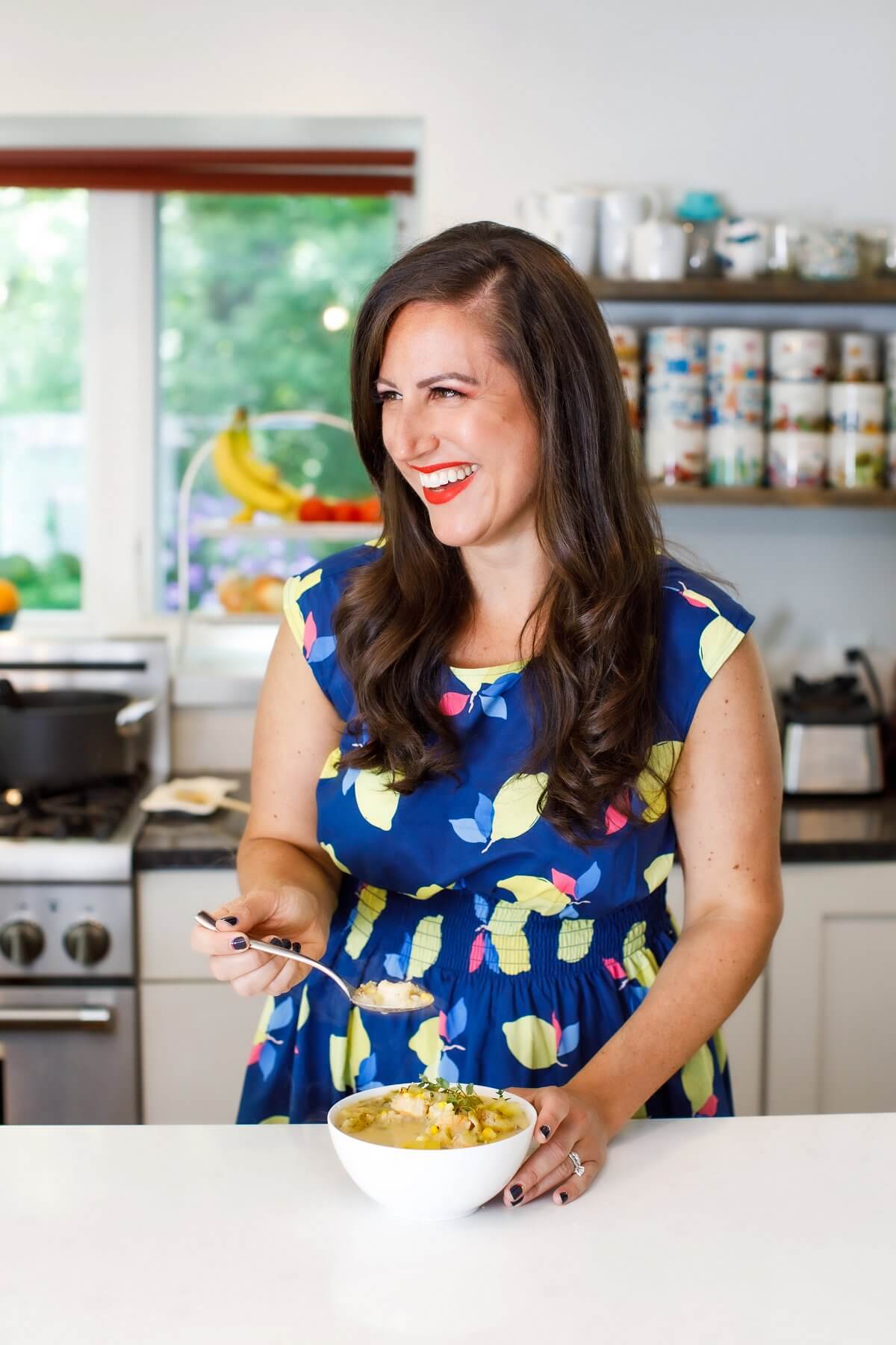 Liz enjoying lightened seafood chowder.