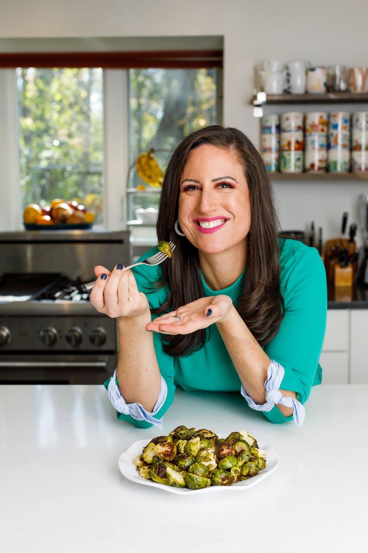 Liz eating Brussels sprouts