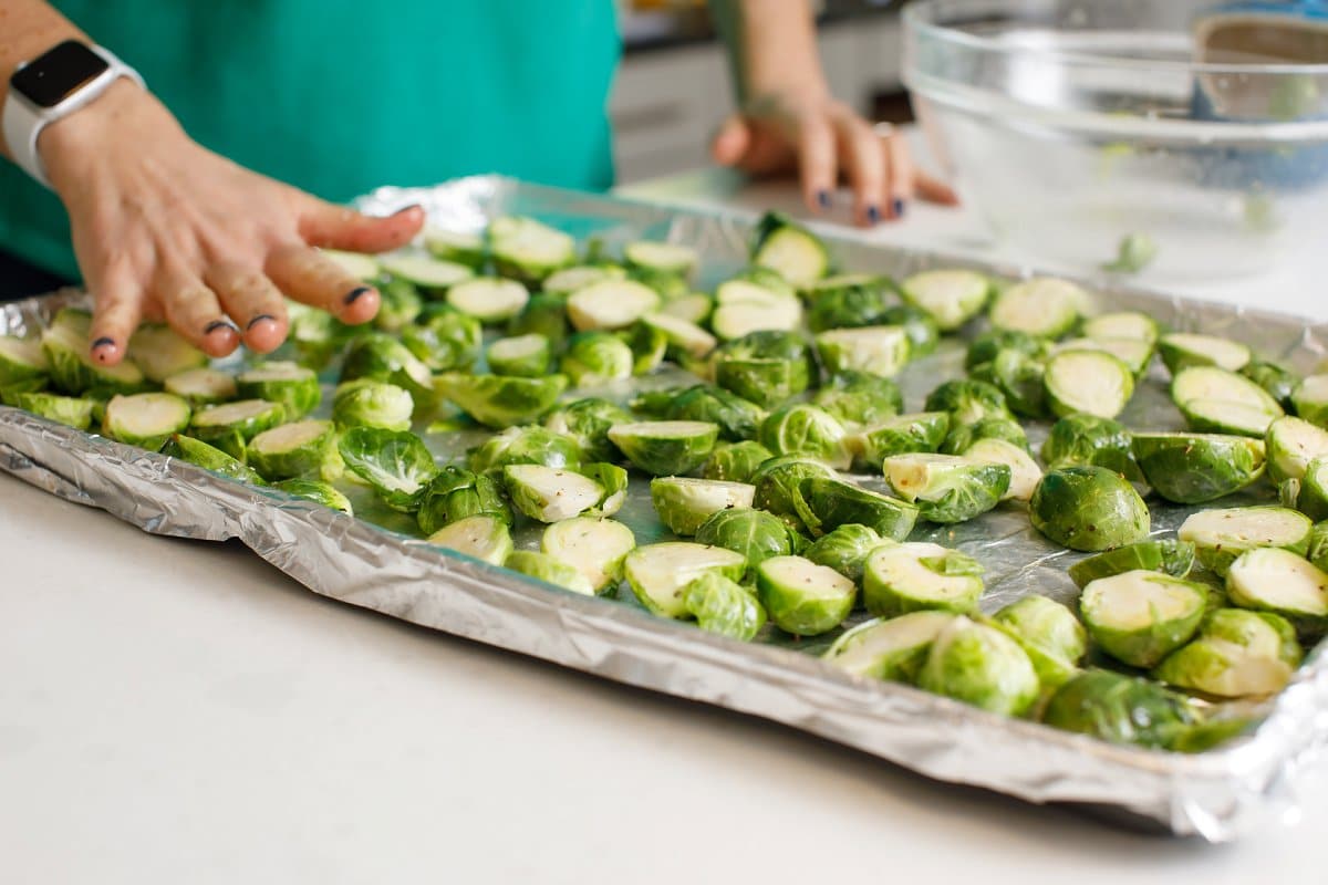 Brussels sprouts on baking sheet