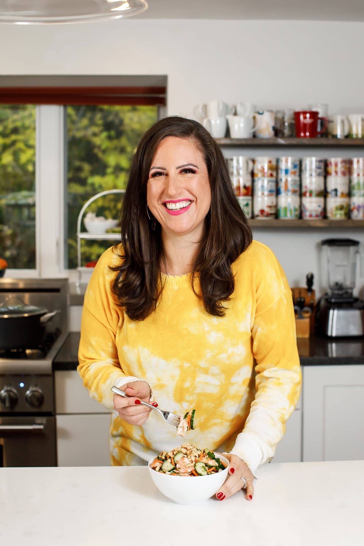 Liz eating Vietnamese shrimp salad.