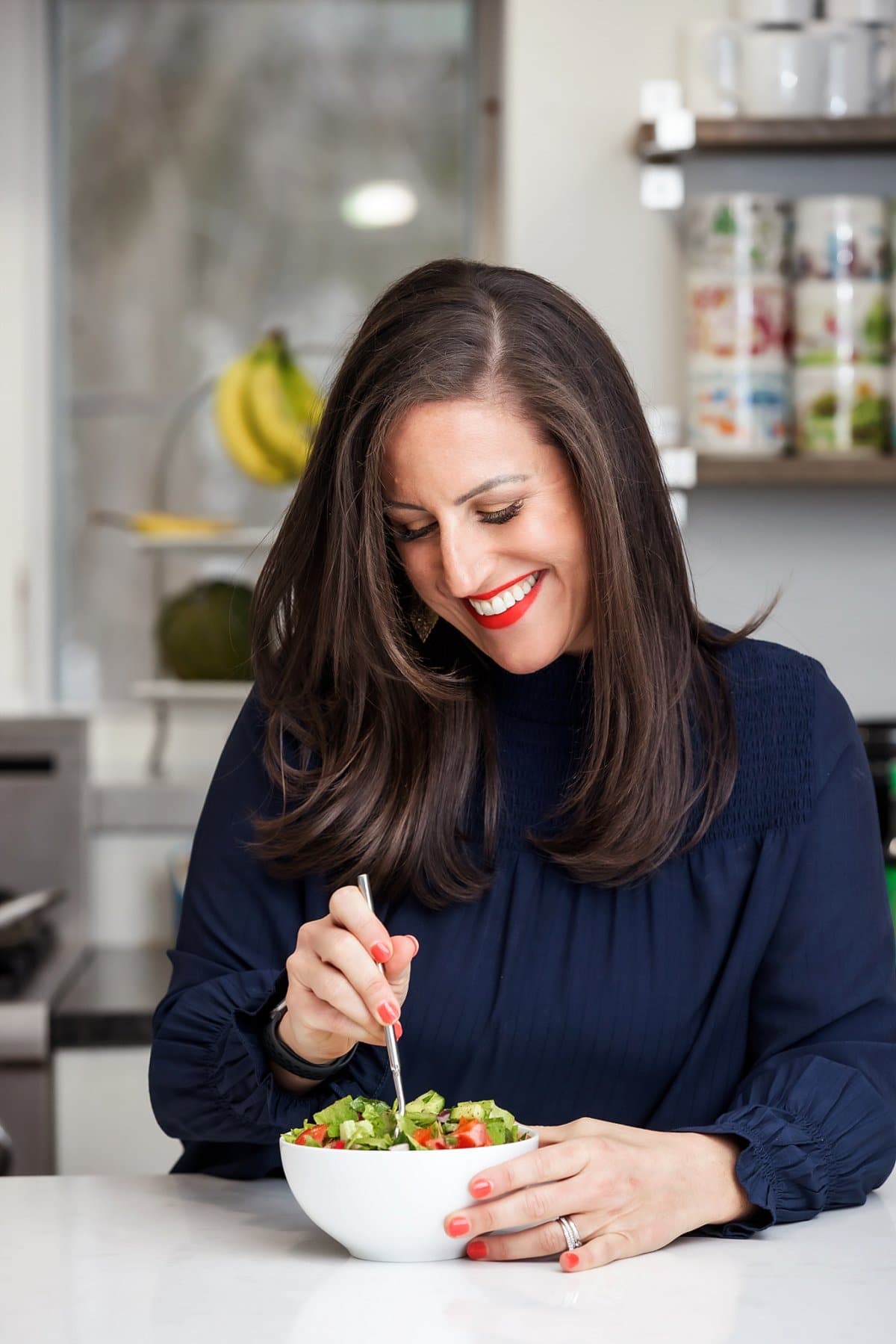 Liz enjoying Syrian salad.