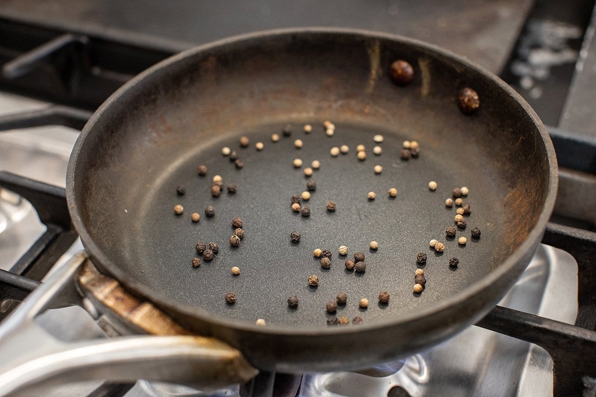 Toasting spices for shrimp pho