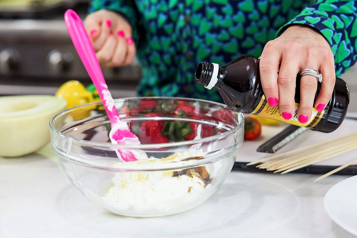 Fruit kabobs with ginger lemon yogurt sauce