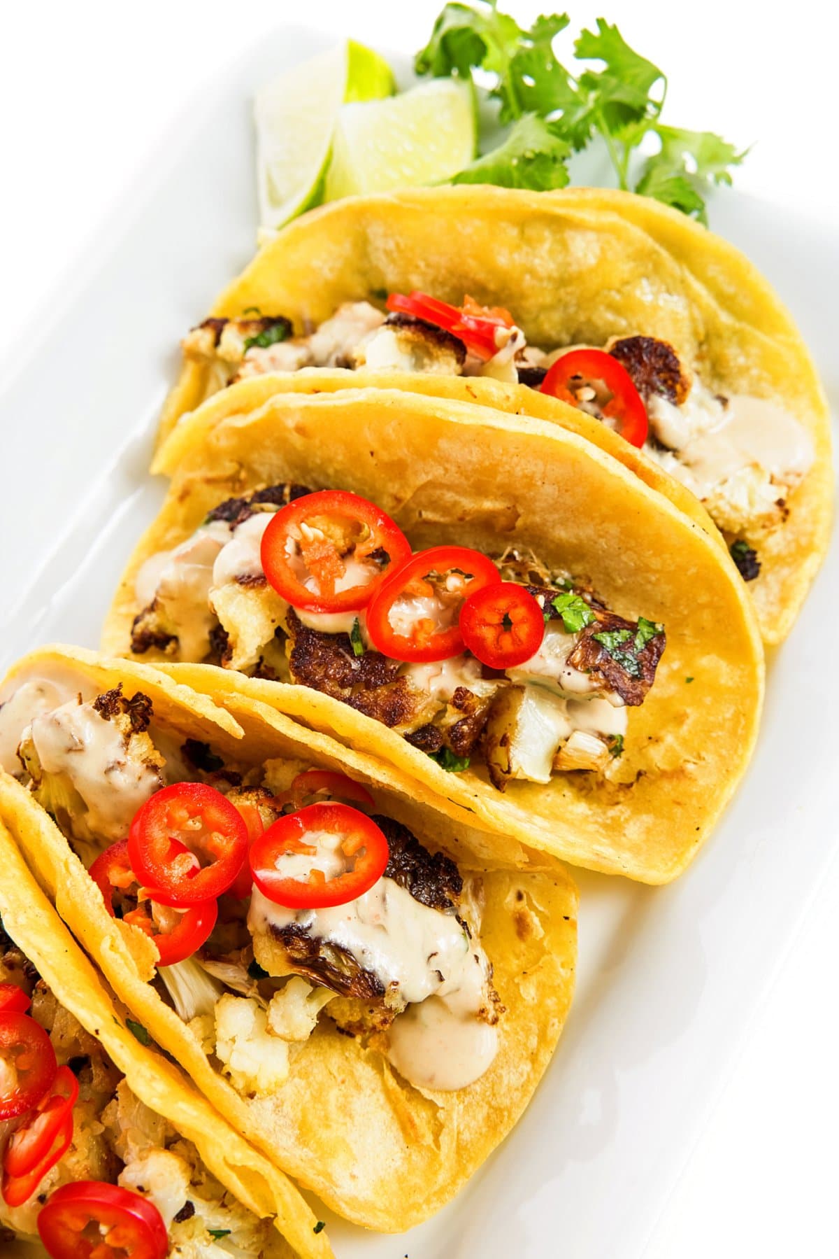 View of roasted cauliflower tacos