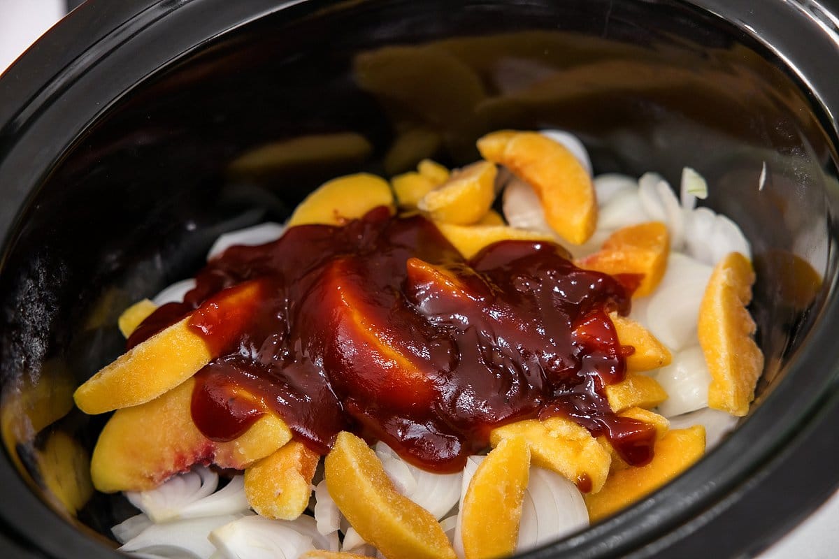 Onion peaches and adobo pepperss