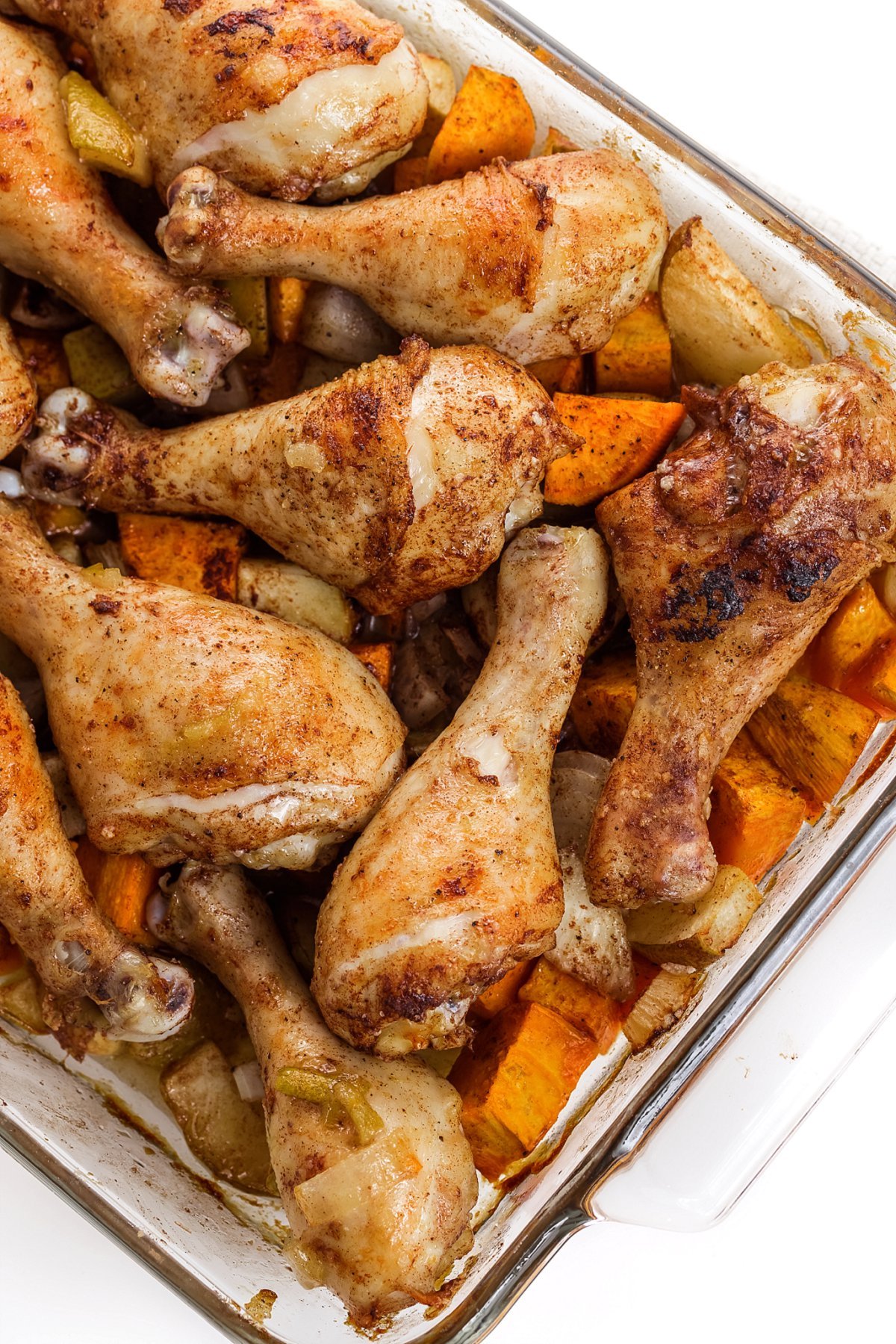 Roasted chicken with sweet potatoes and pears