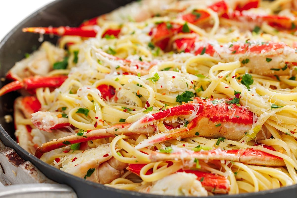 Crab linguine with white wine garlic sauce.