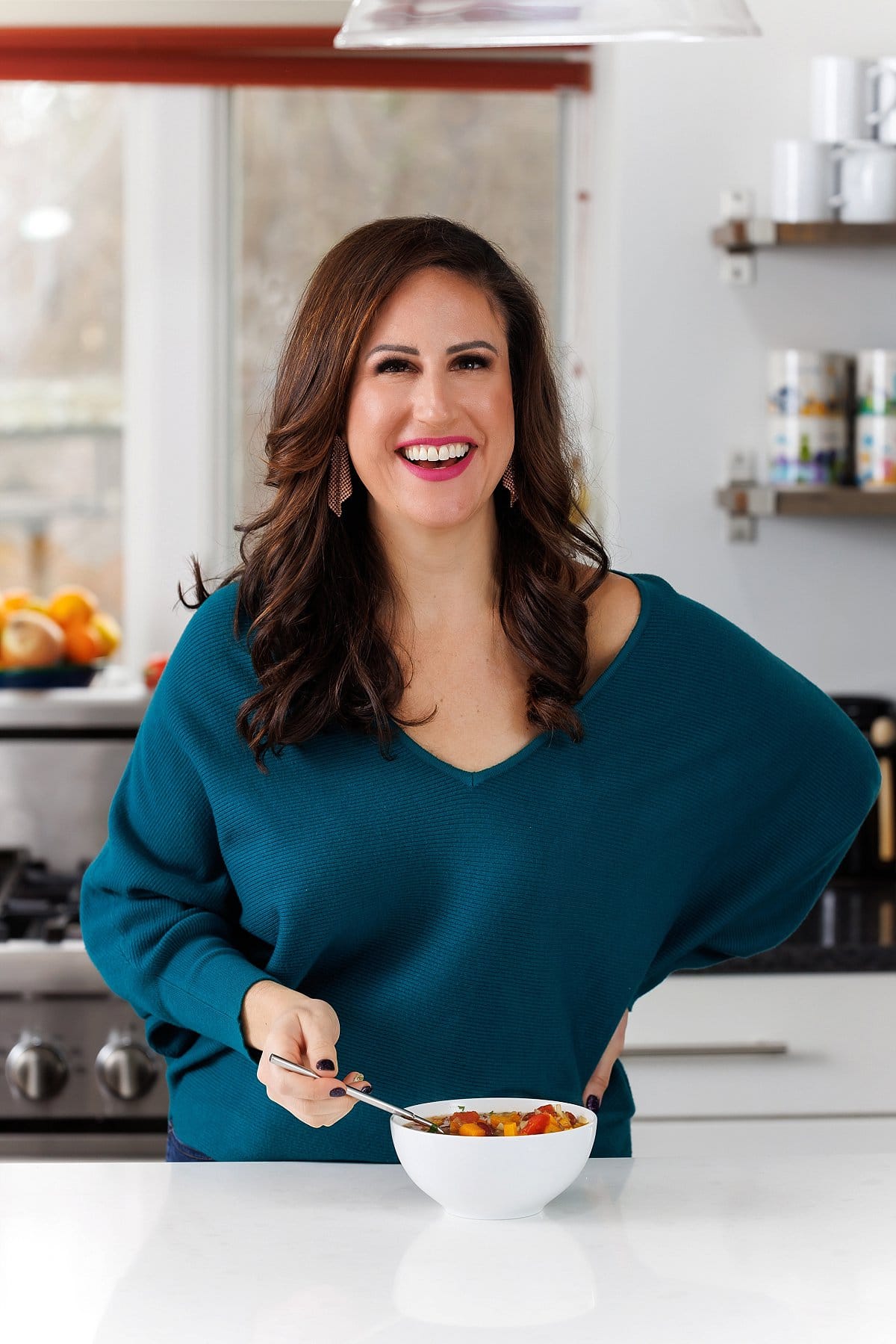 Liz eating slow cooker vegetarian chili.