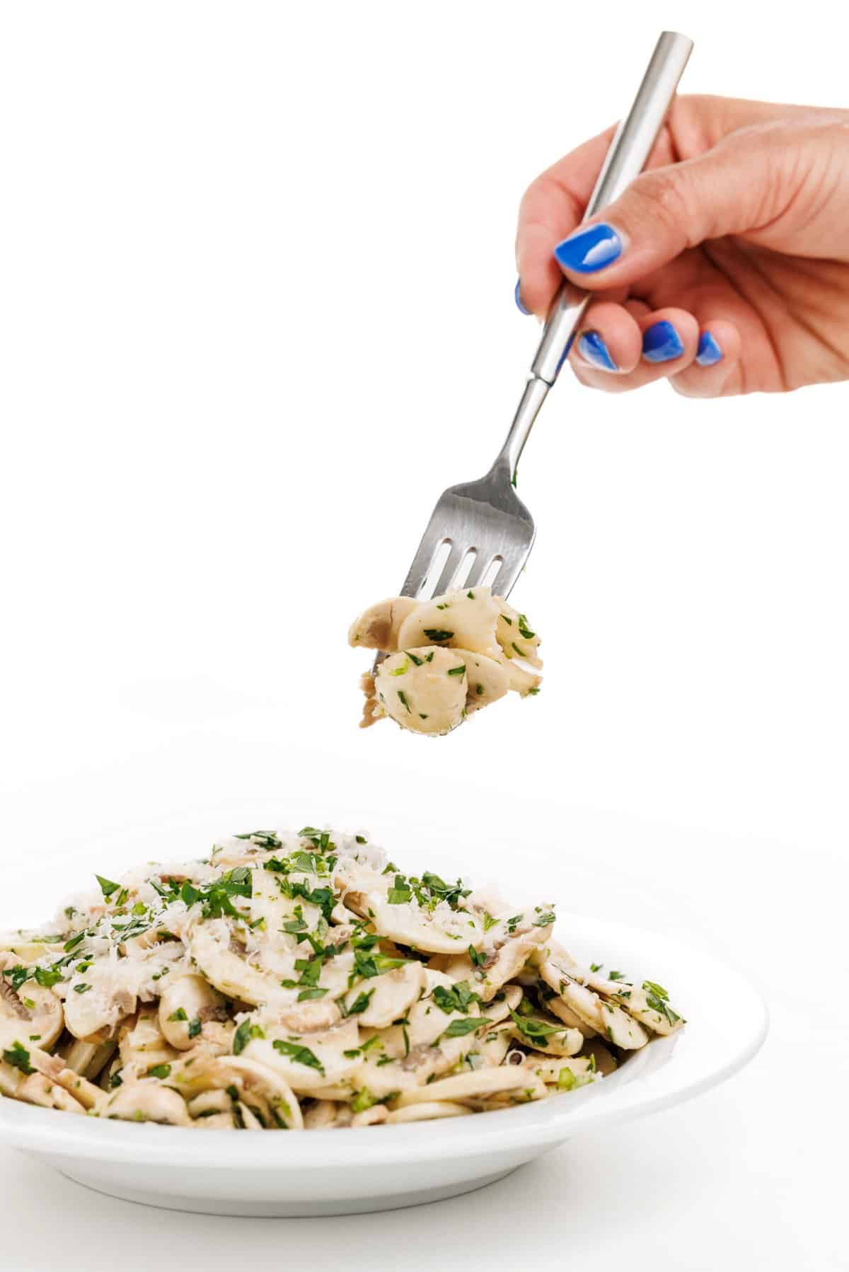 Forkful of fresh mushroom salad.