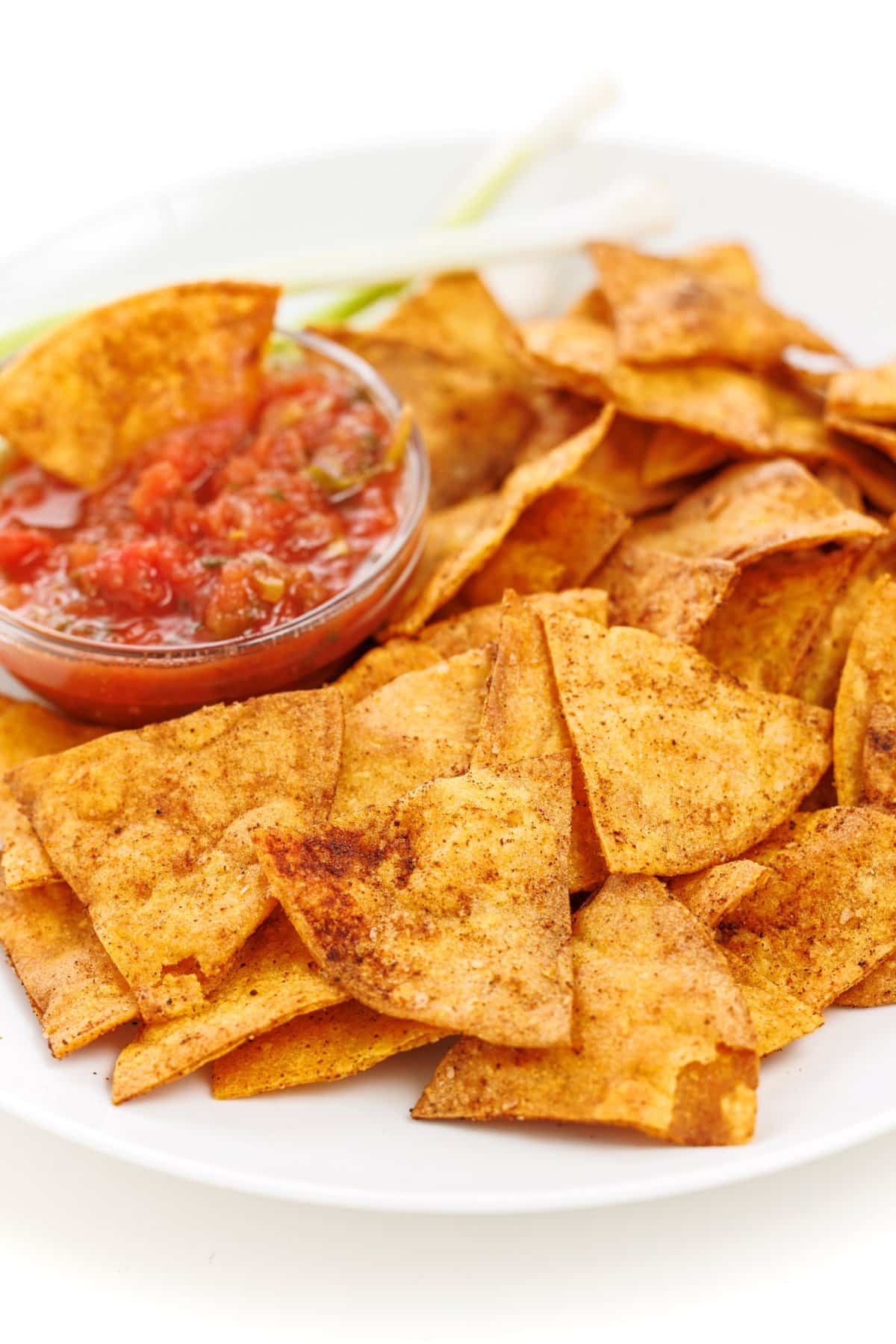 Baked corn tortilla chips.