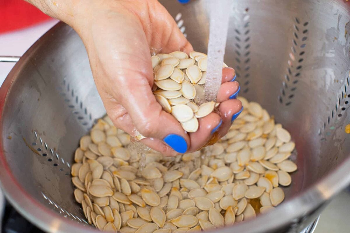 Rinsing pumpkin seeds clean.