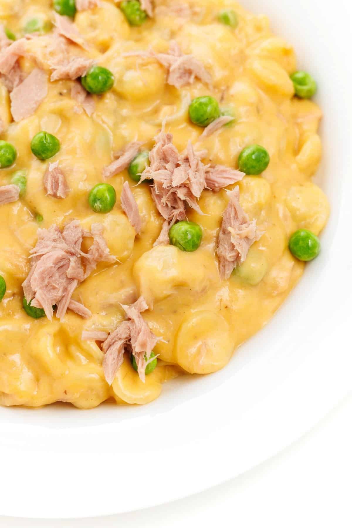 Stovetop mac and cheese with tuna and peas.