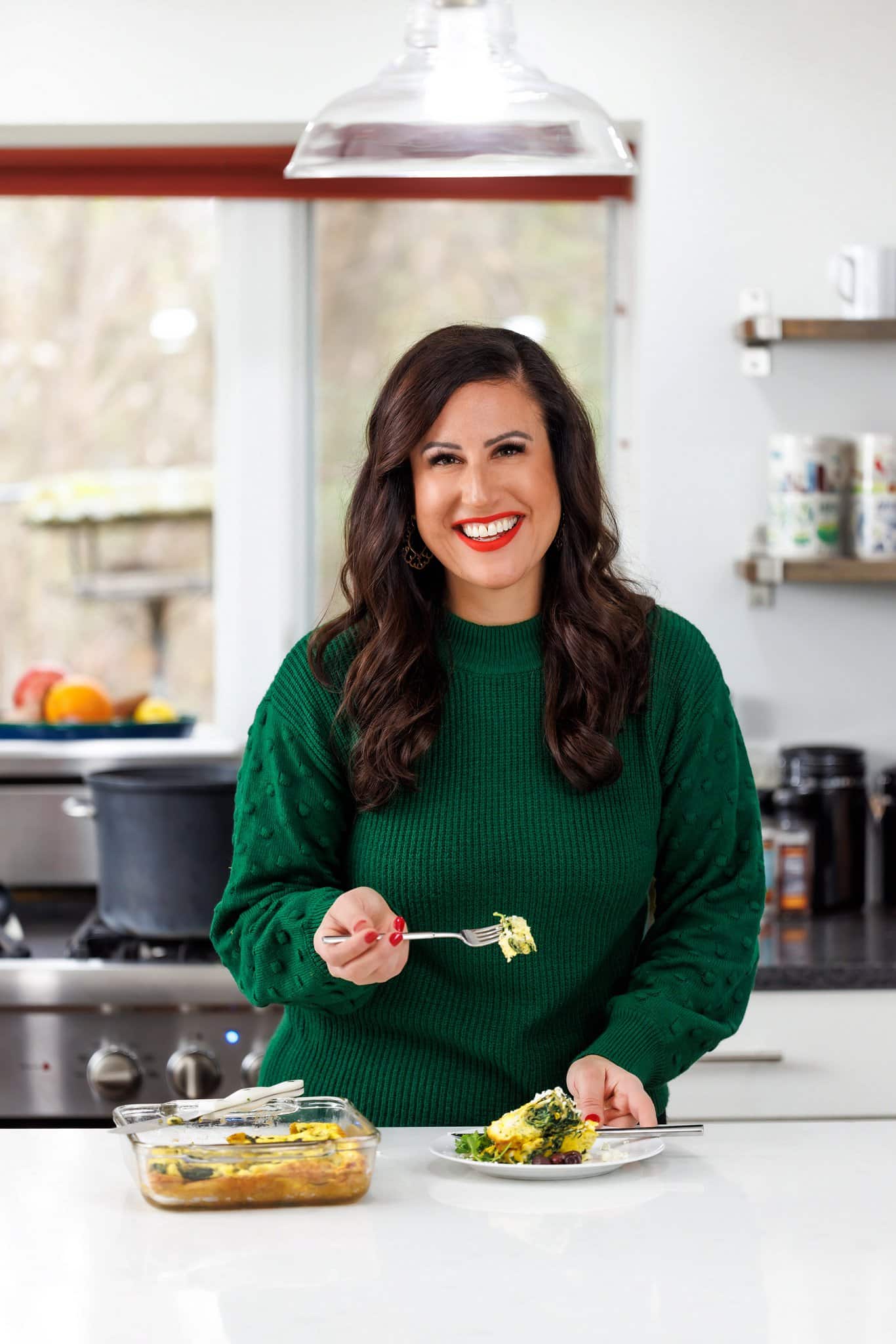 Liz enjoying a spinach and feta Greek egg bake.