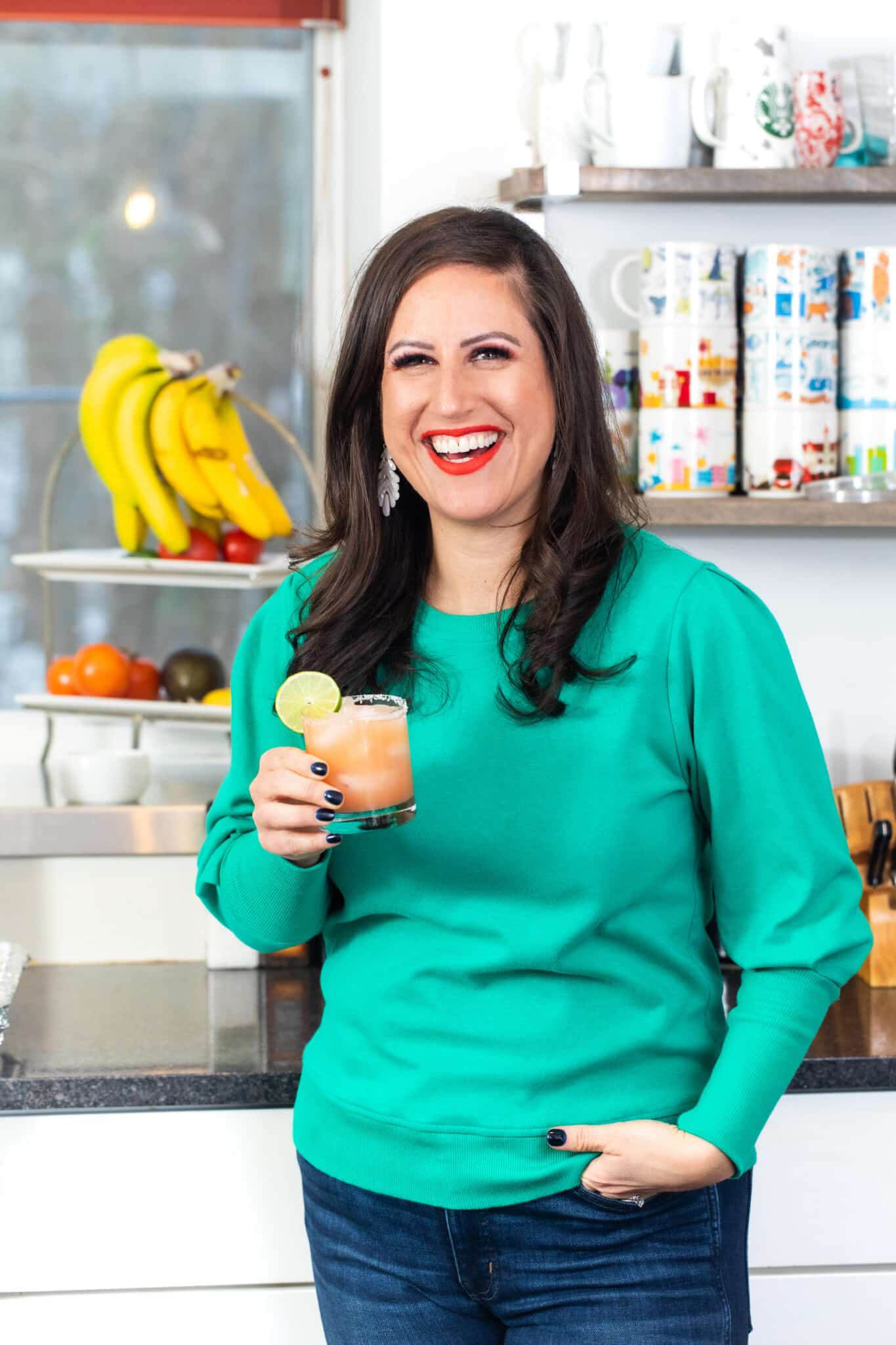 Liz drinking classic salty dog cocktail.