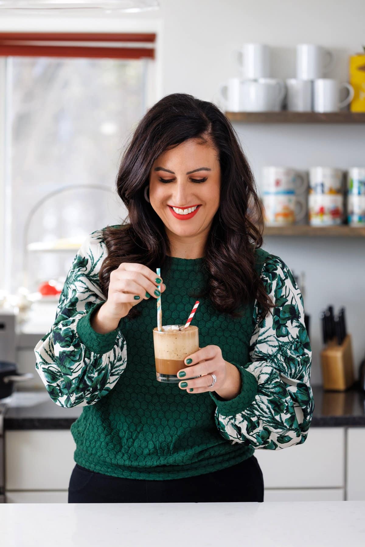 Liz drinking Starbucks mocha Frappuccino (healthy copycat).