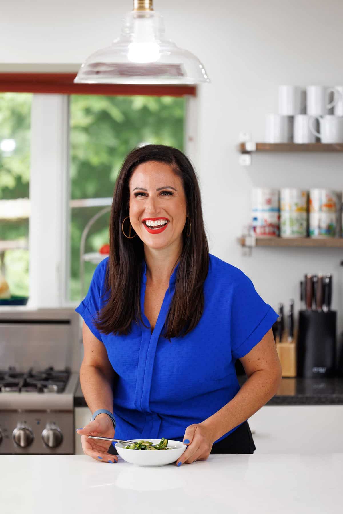 Liz eating Japanese quick pickled cucumbers.