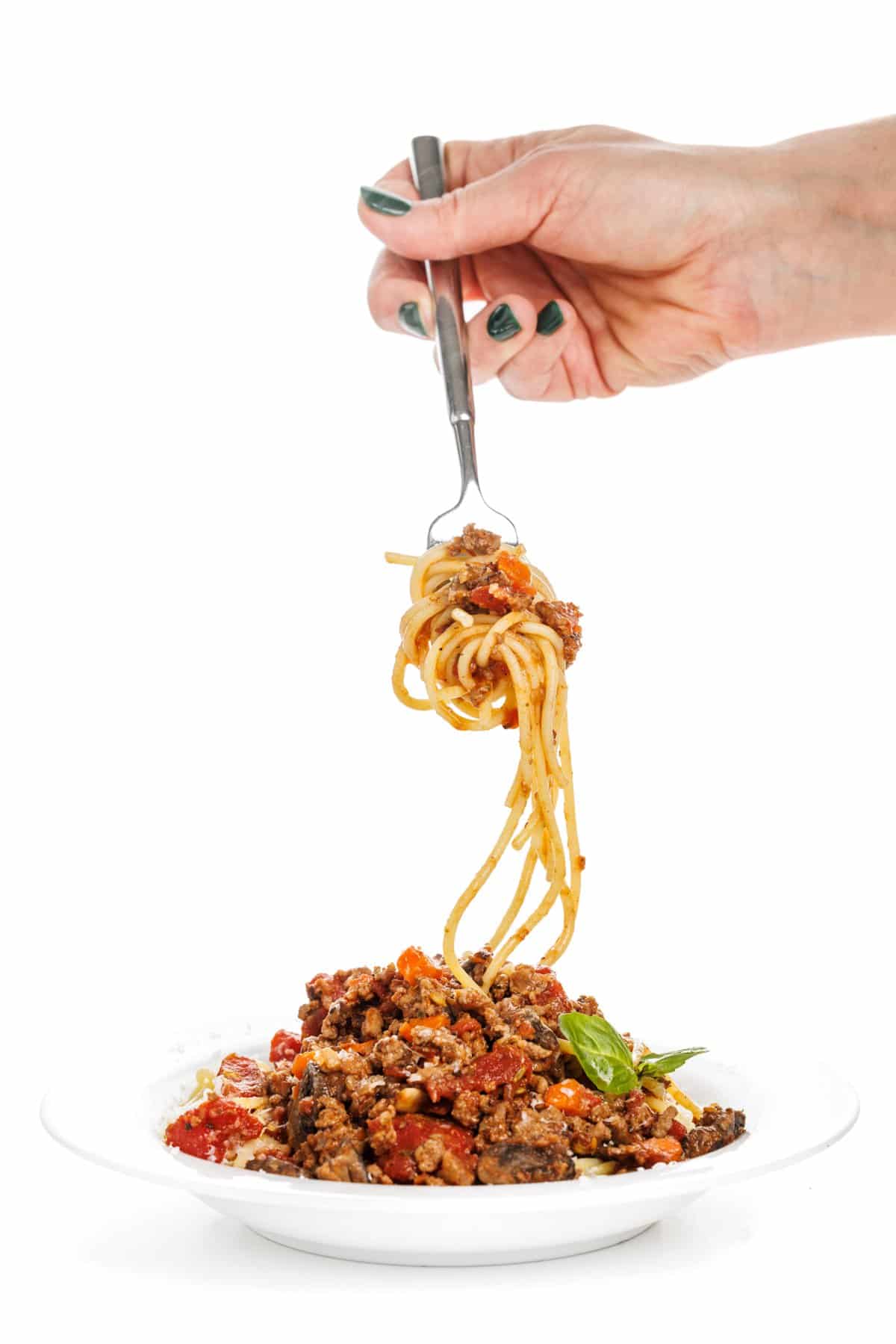 Forkful of ground turkey bolognese.