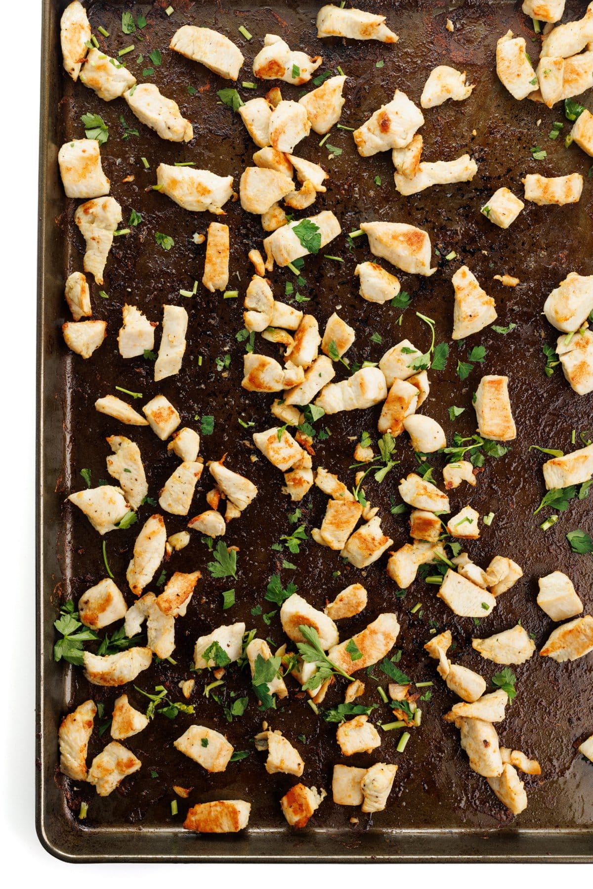 Sheet pan Lebanese shish tawook chicken.