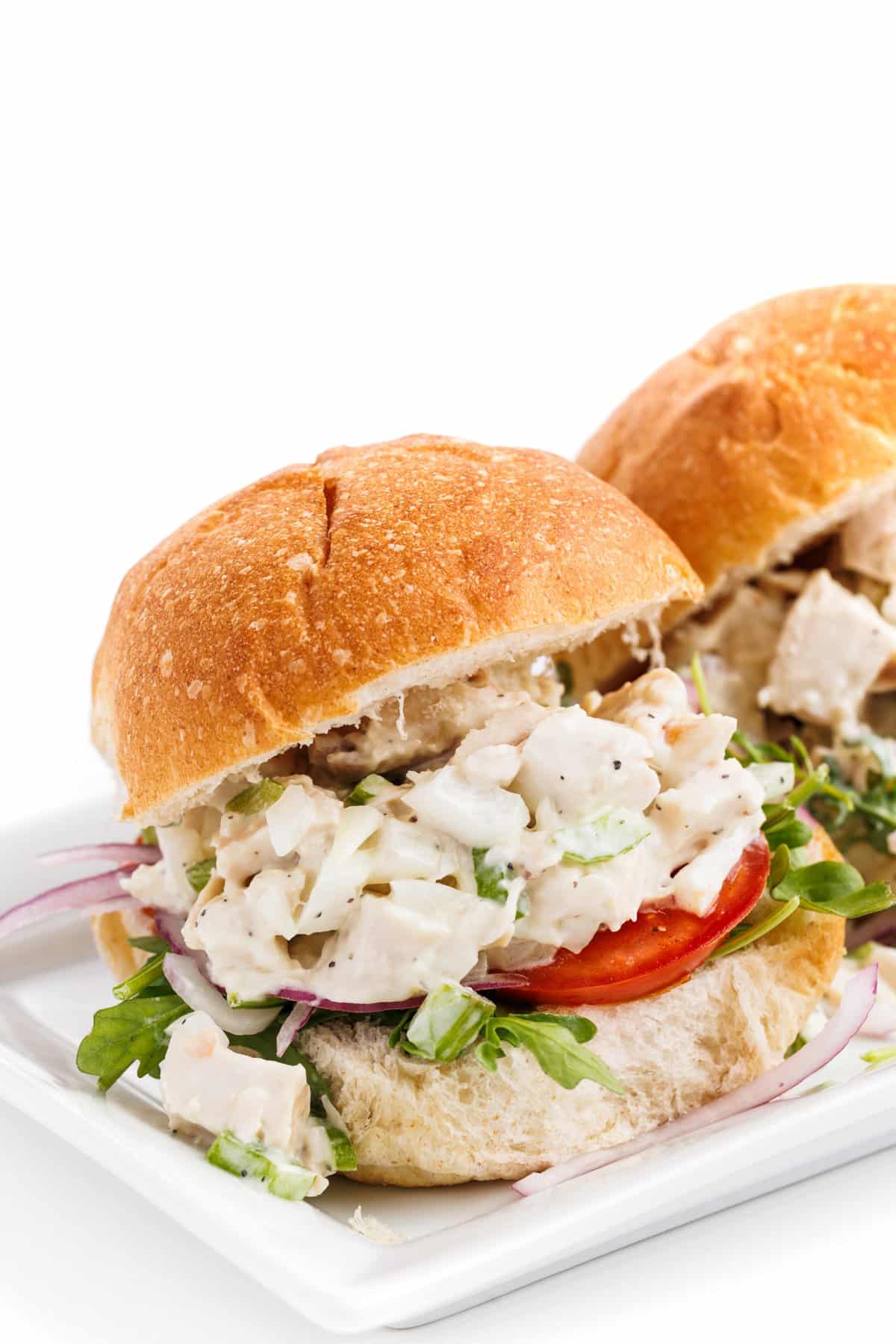 Chicken salad sliders up close.