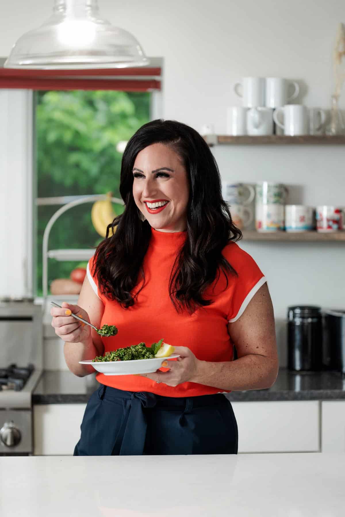 Liz eating Lebanese tabbouleh salad.