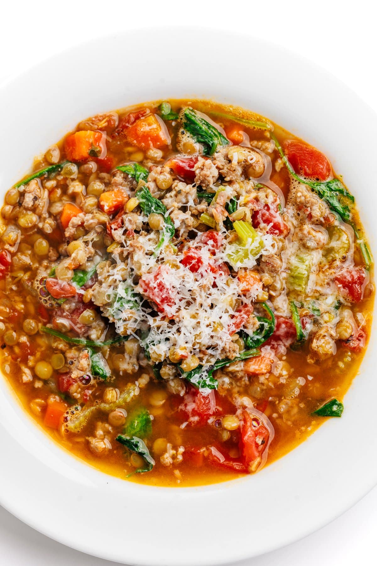 Lentil soup with sausage and spinach.