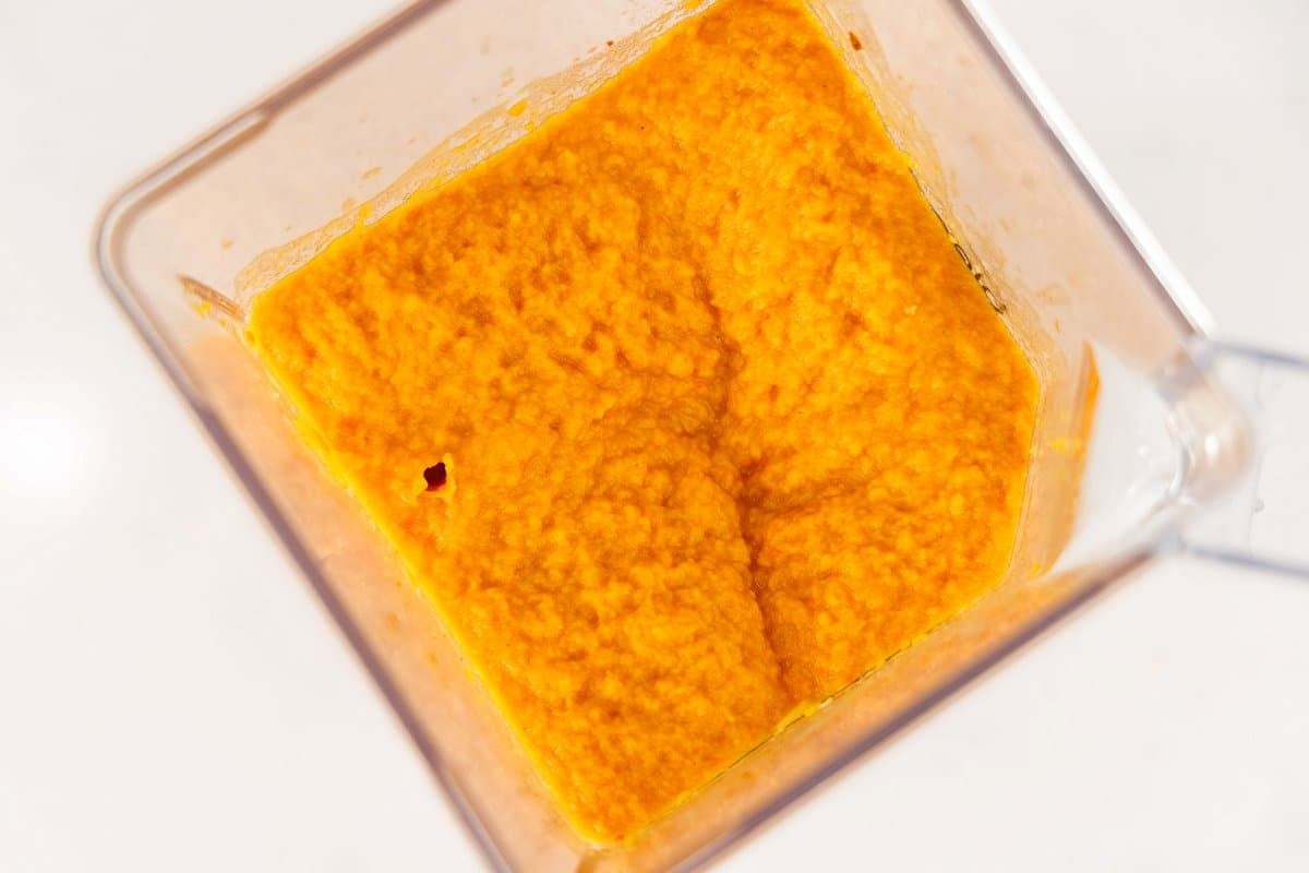 Blended root vegetable mis in a blender.