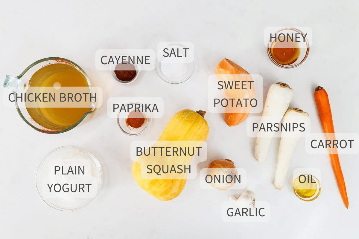 Ingredients for roasted root vegetable soup labeled across a white background.
