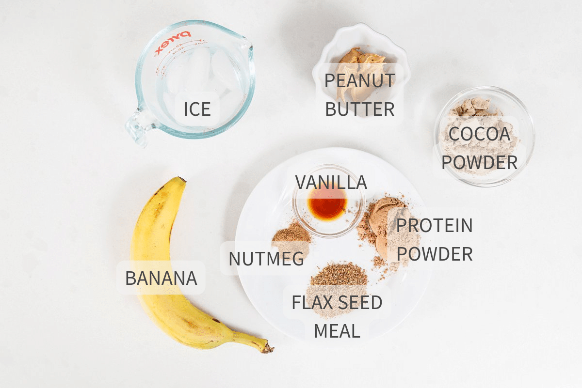 Labeled ingredients for chocolate peanut butter smoothie.