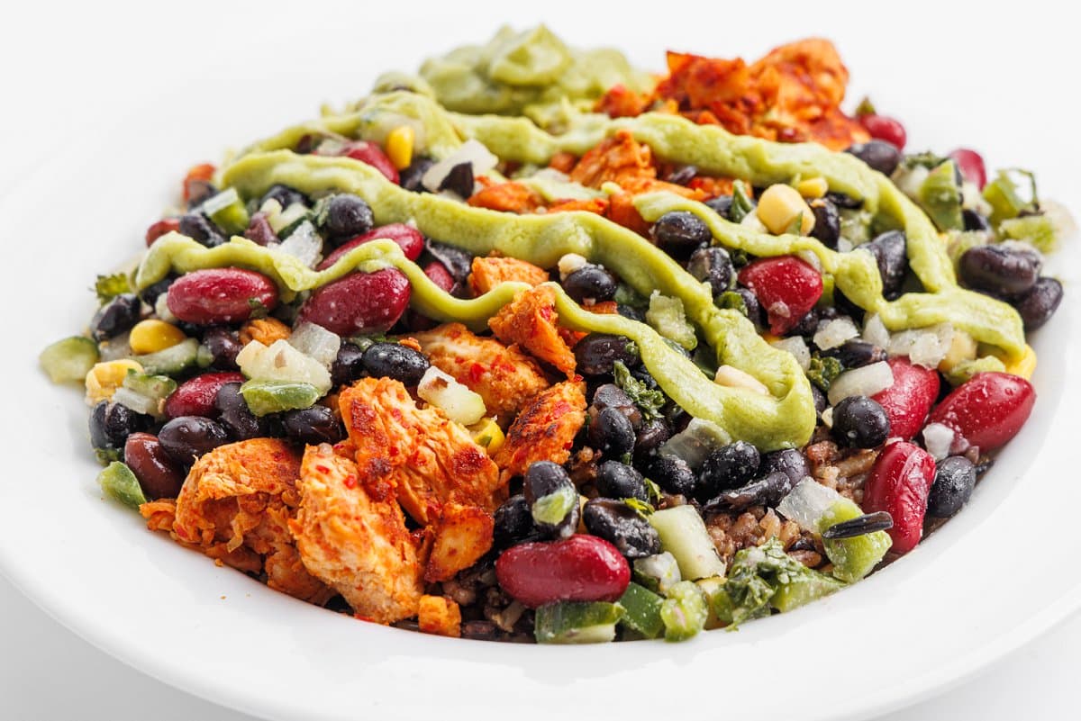 Protein-packed chicken avocado rice bowl.