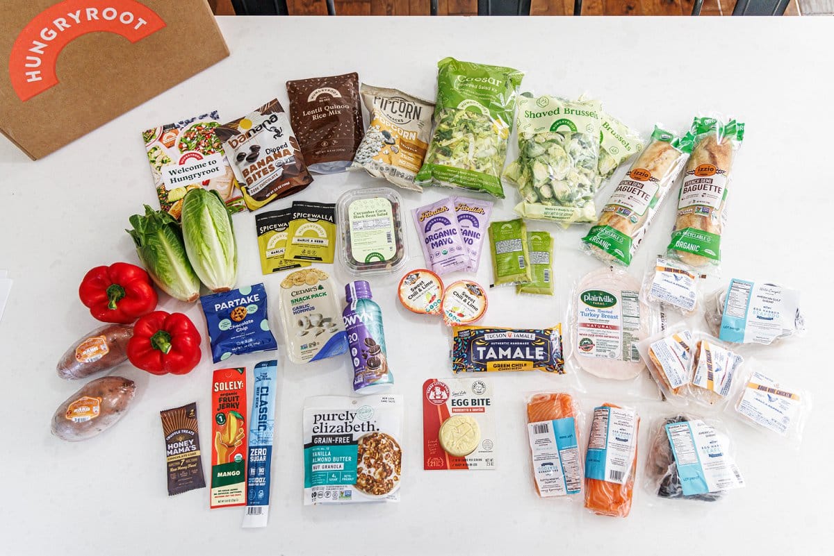 Hungryroot groceries laid out on the counter.