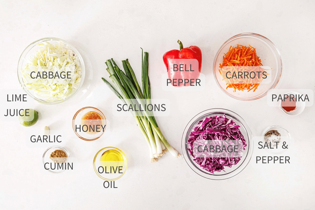 Labeled ingredients for Mexican slaw with honey lime vinaigrette.