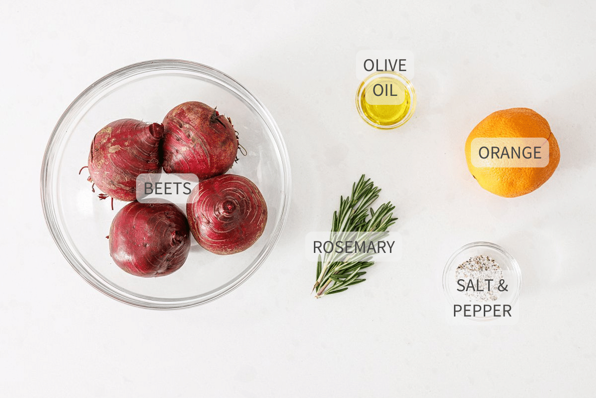 Labeled ingredients for roasted beets with orange and rosemary.