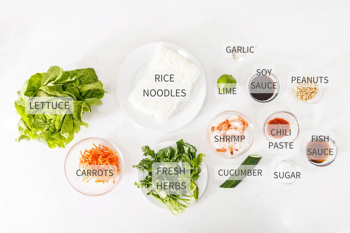 Labeled ingredients for shrimp rice bowls.
