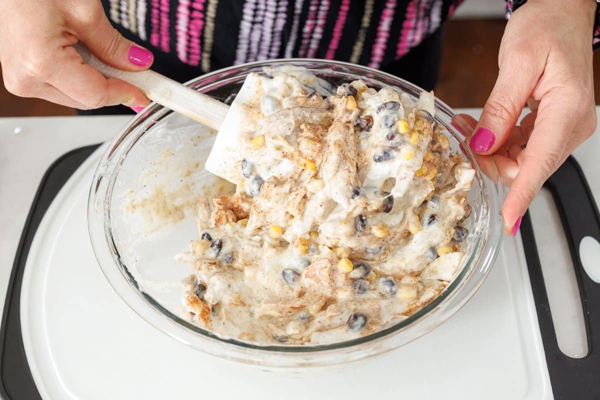 Stirring Mexican lasagna filling.