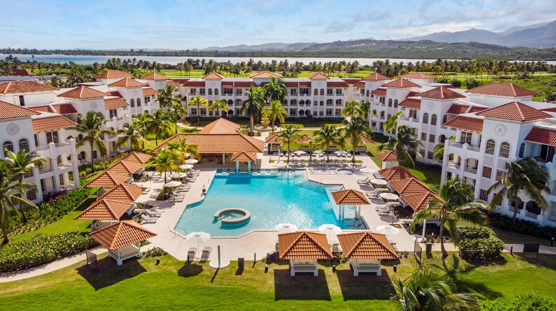 A bird's eye view of the Hyatt Regency Resort with the pool in the center.