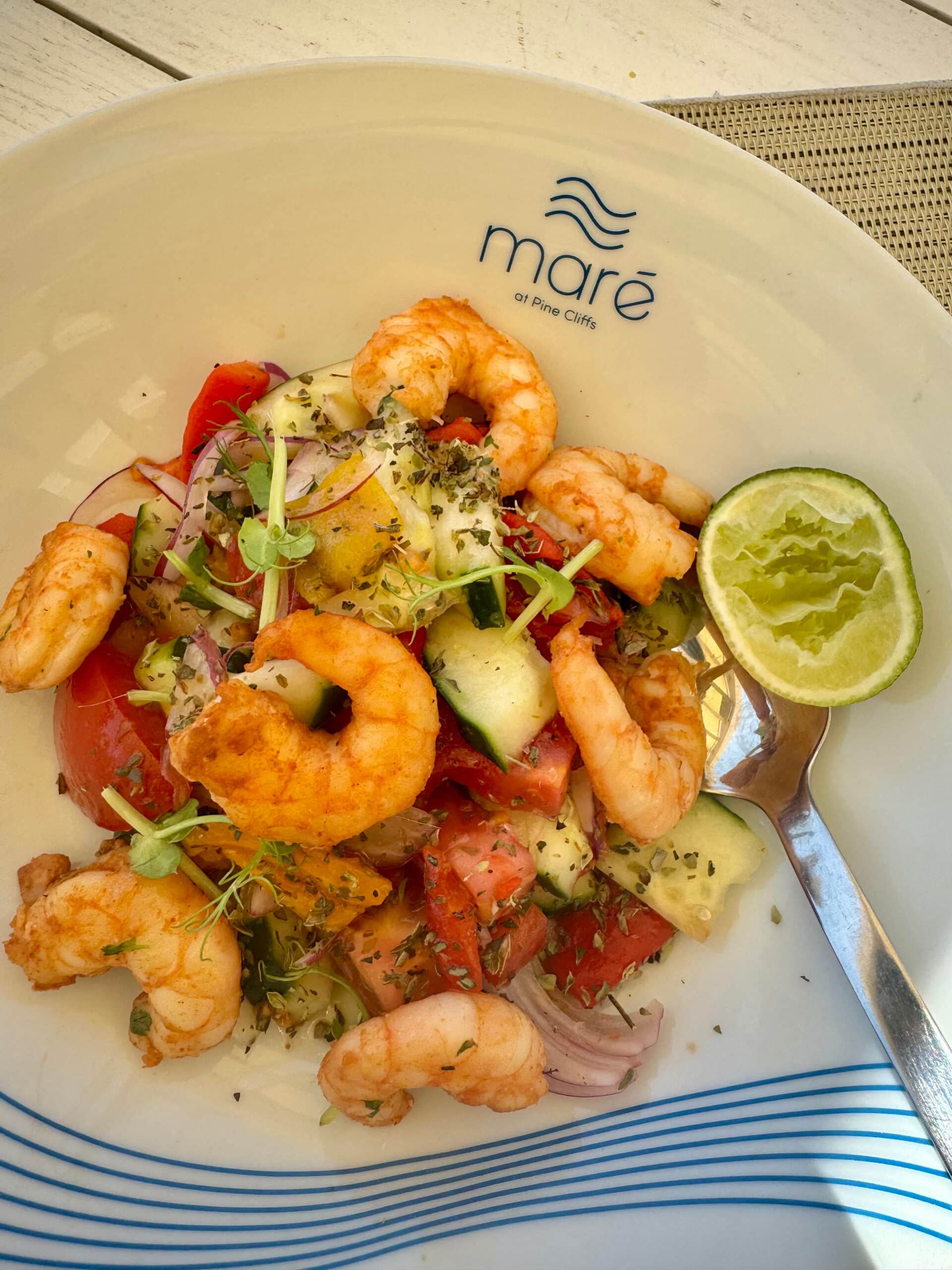 Shrimp dish from Mare restaurant at Pine Cliffs.