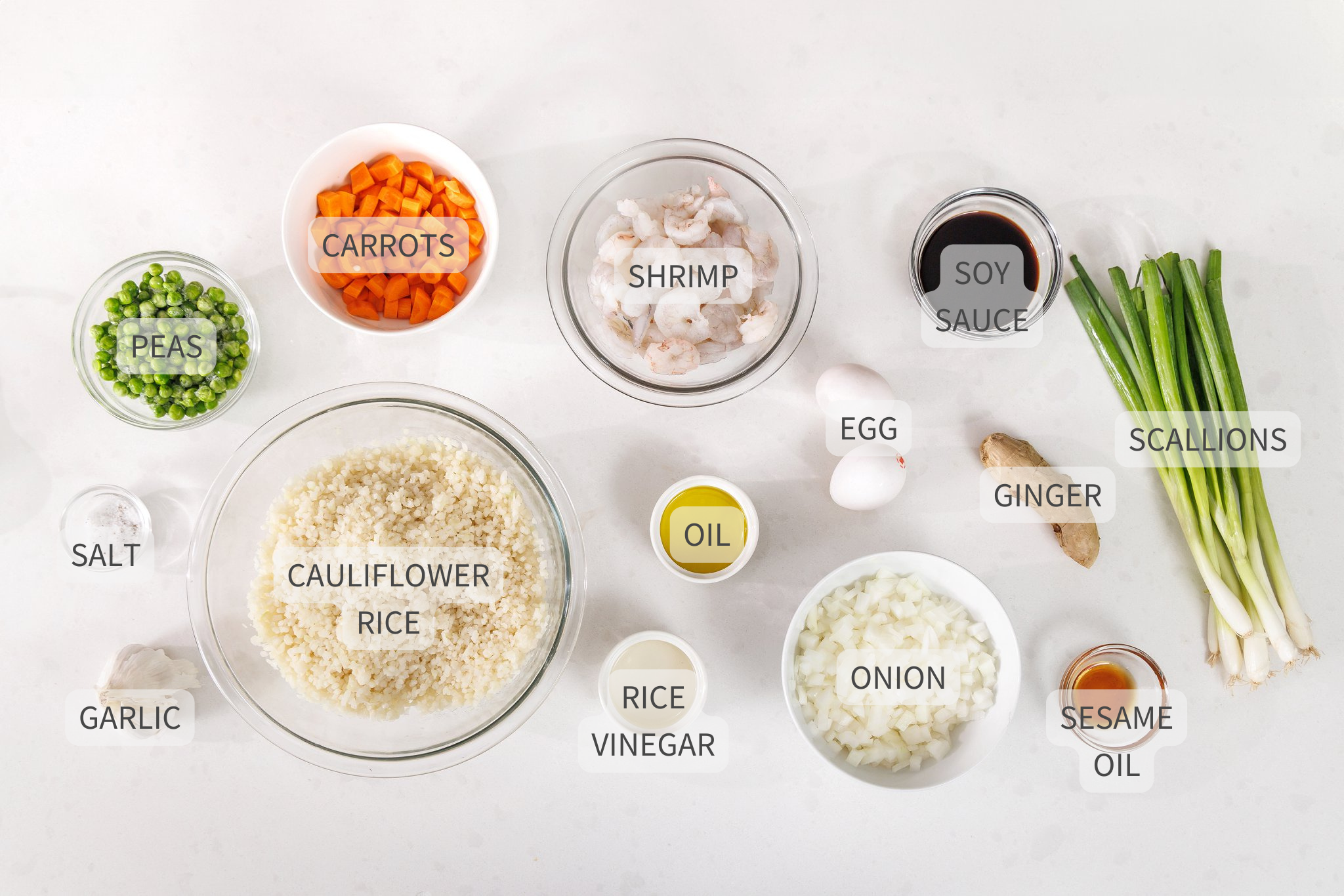 Labeled ingredients for shrimp fried cauliflower rice.