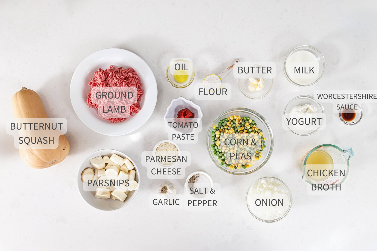 Labeled ingredients for healthier shepherd's pie with butternut squash.
