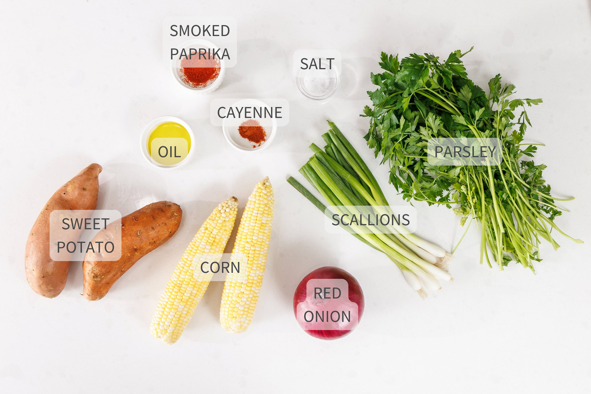 Labeled ingredients for sweet potato and corn succotash.