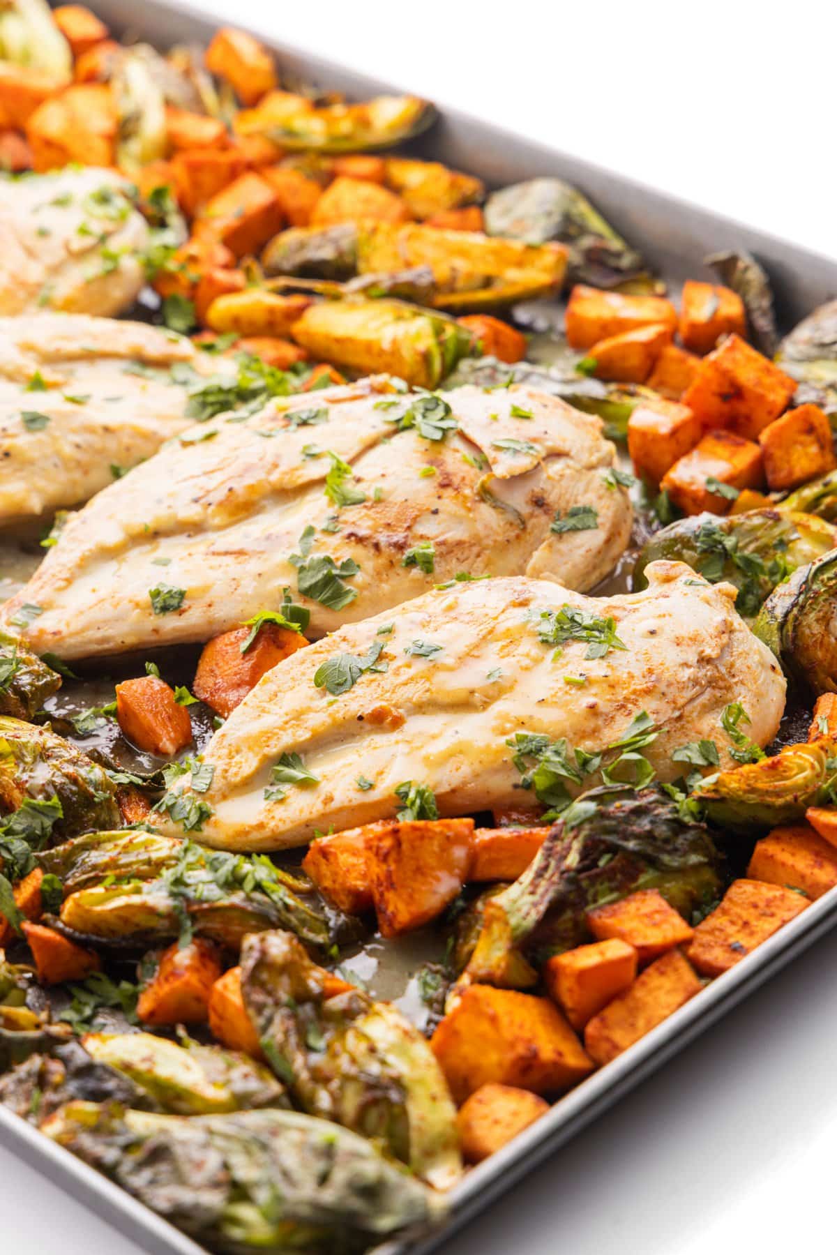 Maple dijon roasted chicken with fall veggies on a sheet pan garnished with parsley.