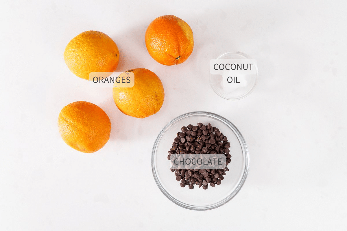 Labeled ingredients for chocolate dipped clementines with sea salt.