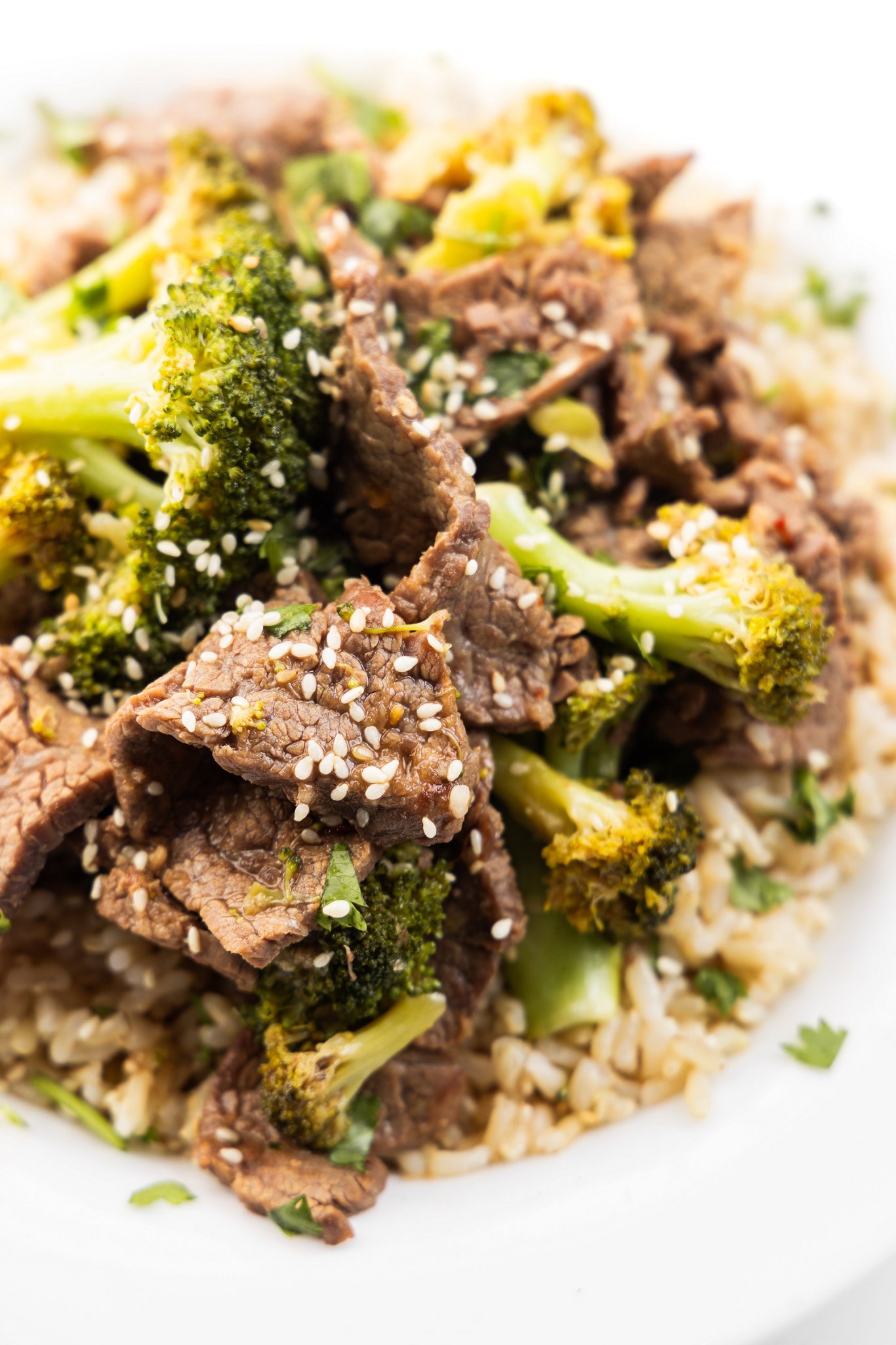 Beef and broccoli stir-fry topped with sesame seeds over a bed of rice.